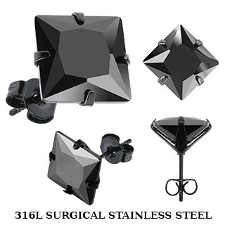 Сережки пусети з медичної сталі з чорним фіанітом Spikes 5x5 mm.