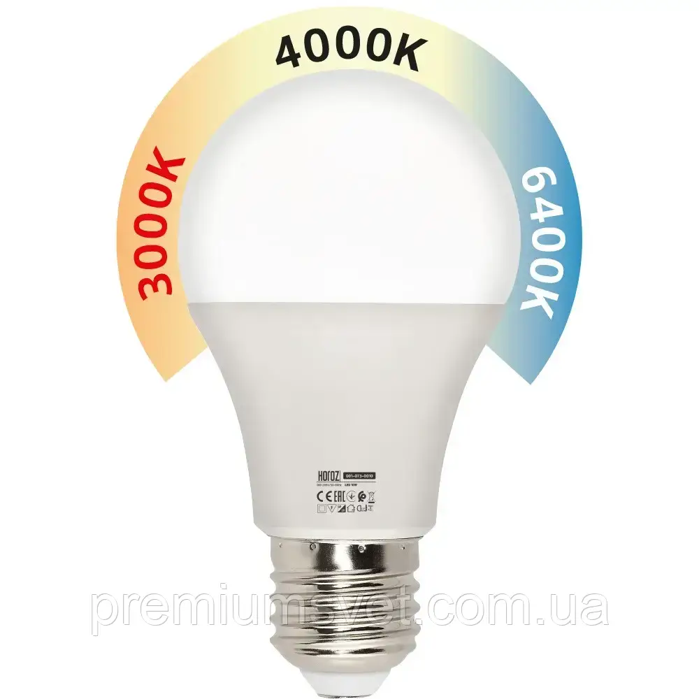 Лампа A60 SMD LED 10W E27 3000K-4000K-6400K 940Lm Combo-10 (001-073-0010-010), фото 1