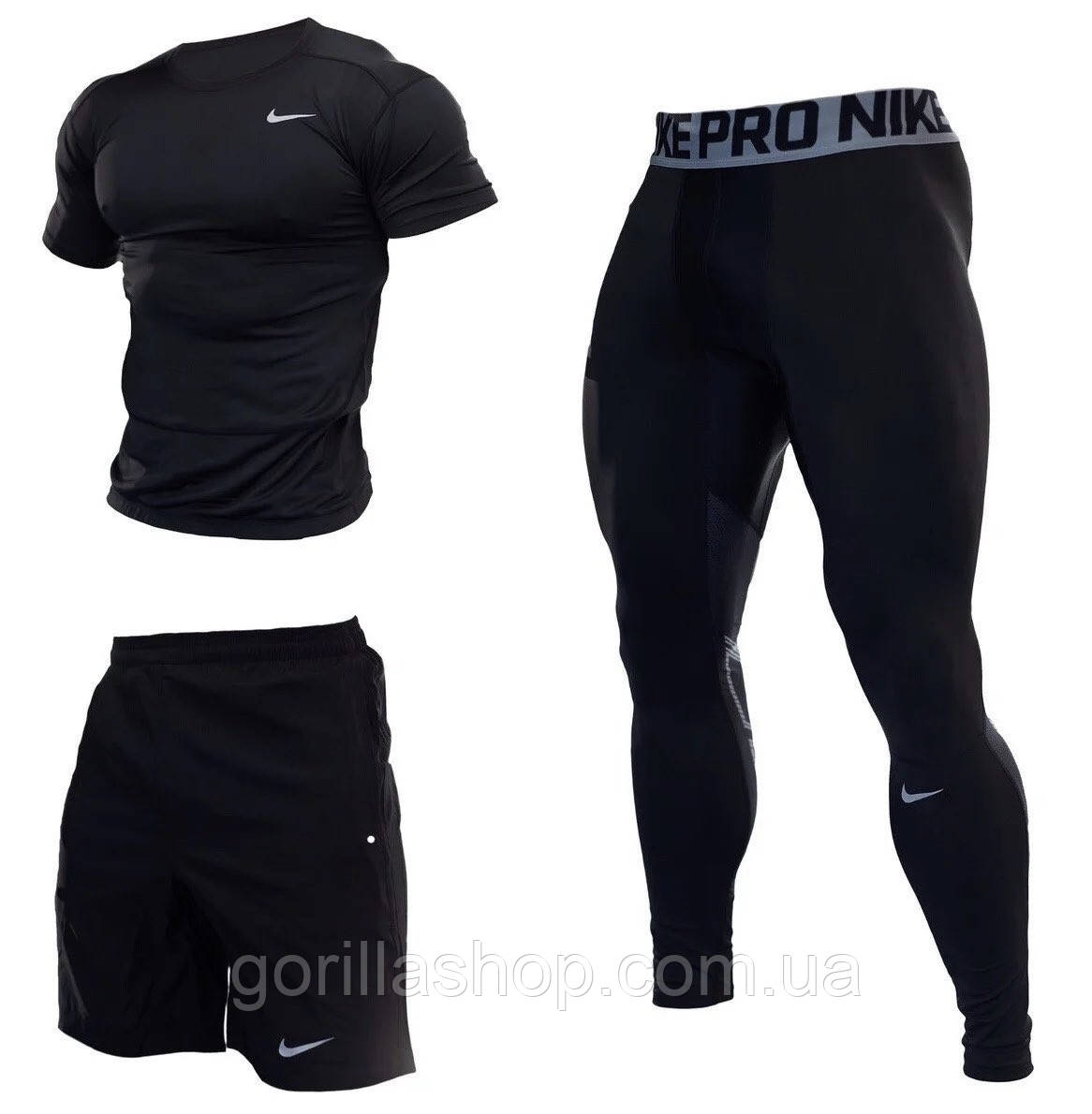 Чоловічий компресійний костюм NIKE 3в1: Рашгард, шорти, легінси., фото 1