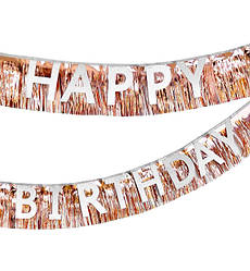Гірлянда з бахромою "Happy Birthday", довжина - 3 м., колір - рожеве золото зі сріблом