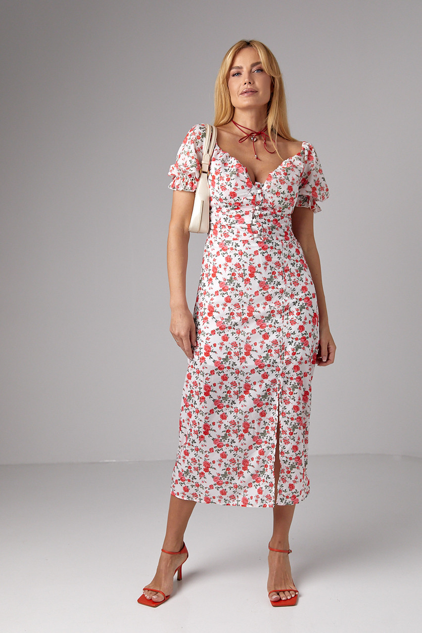 Літнє плаття міді з коротким рукавом і відкритими плечима — червоний колір, S (є розміри), фото 1