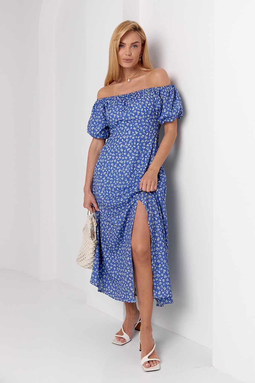 Жіноче плаття з відкритими плечима у квіточку — синій колір, M (є розміри), фото 1