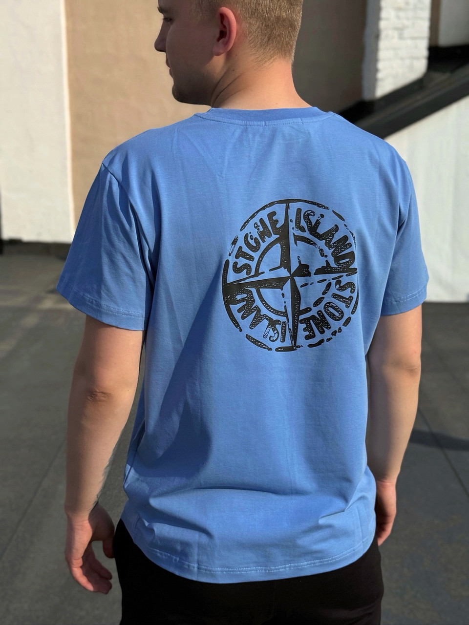 Футболка чоловіча Stone Island STAMP блакитна з патчем Теніска Стон Айленд літня, фото 1