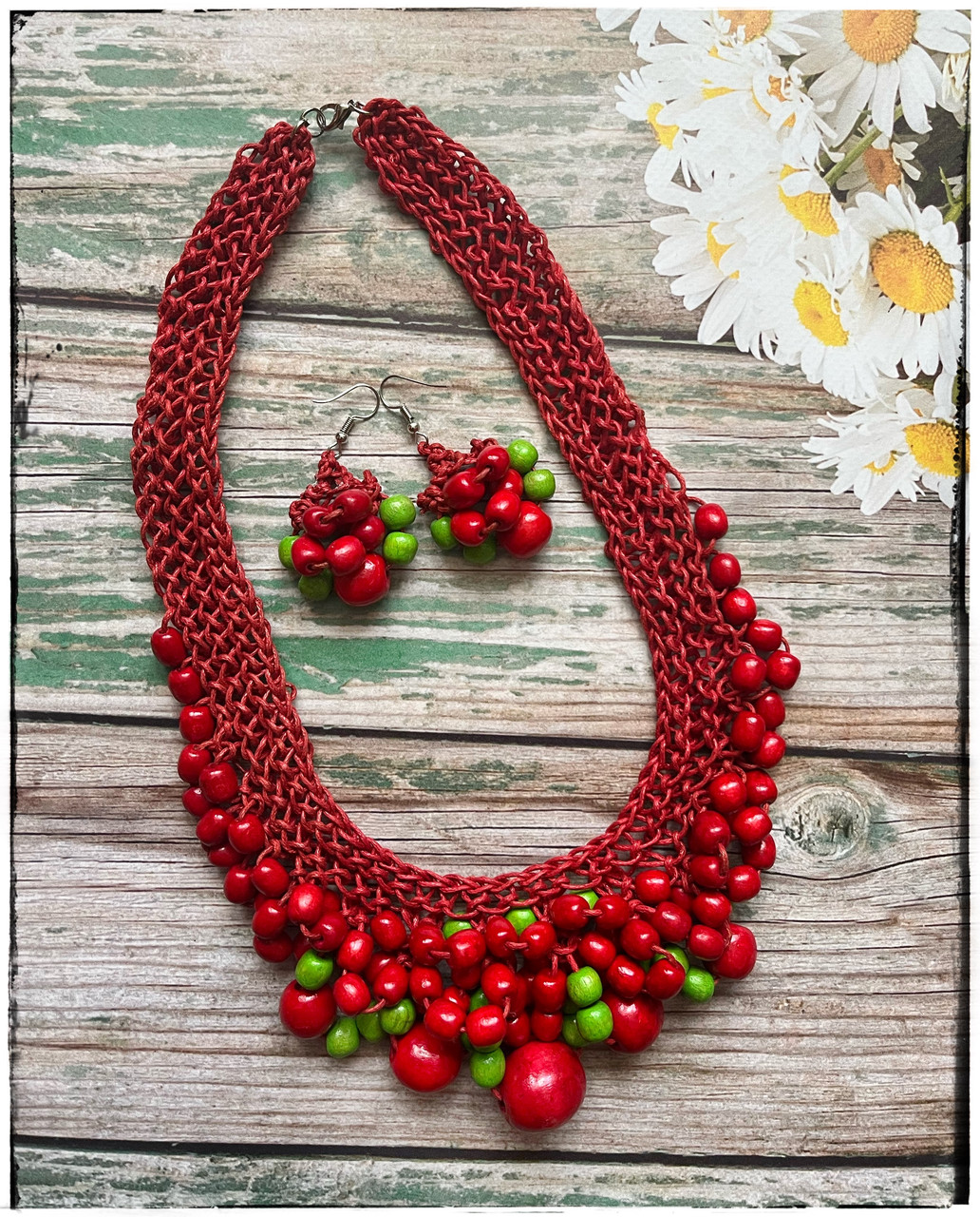 Набір намисто та сережки Розкіш. Червоно-зелений., фото 1
