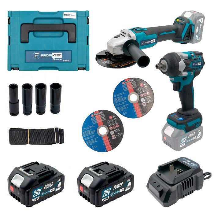 Набір акумуляторний  інструментів PROFI-TEC Combo Set 2 POWERLine DGA20BL+DTW500BL: з АКБ 2шт-20V  5.0Ач+ЗП VSA