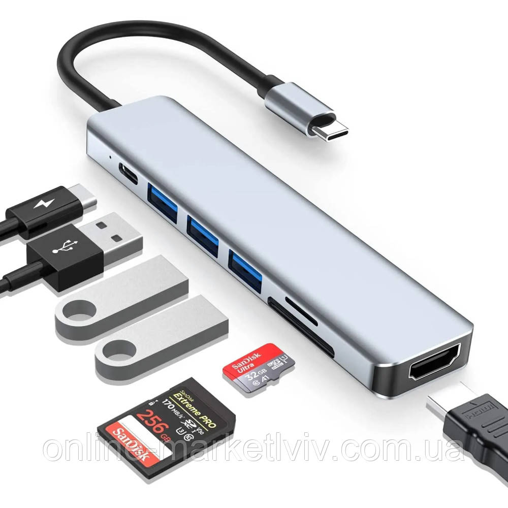 USB хаб 7в1, Type-C to HDMI+SD+TF+3хUSB +PD / USB розгалужувач для ноутбука / ЮСБ хаб, фото 1