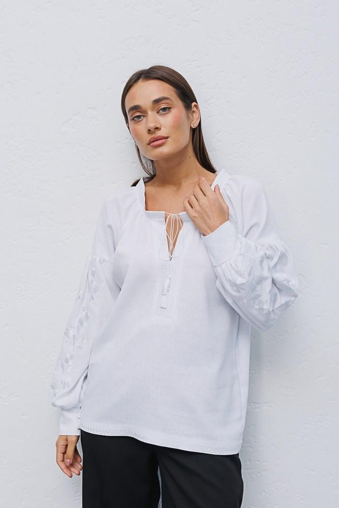 Сорочка вишиванка ARjen жіноча льон віскоза довгий рукав квіти 44 біла, фото 1