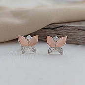 Сережки пусети срібні метелики із золотими пластинами та білими цирконами