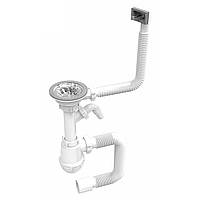 Сифон для кухонної мийки, PP, колбовий, з прямокутним переливом, сітка випуску Ø110 мм, штуцер для техніки, гофра Ø40/50 мм до 800