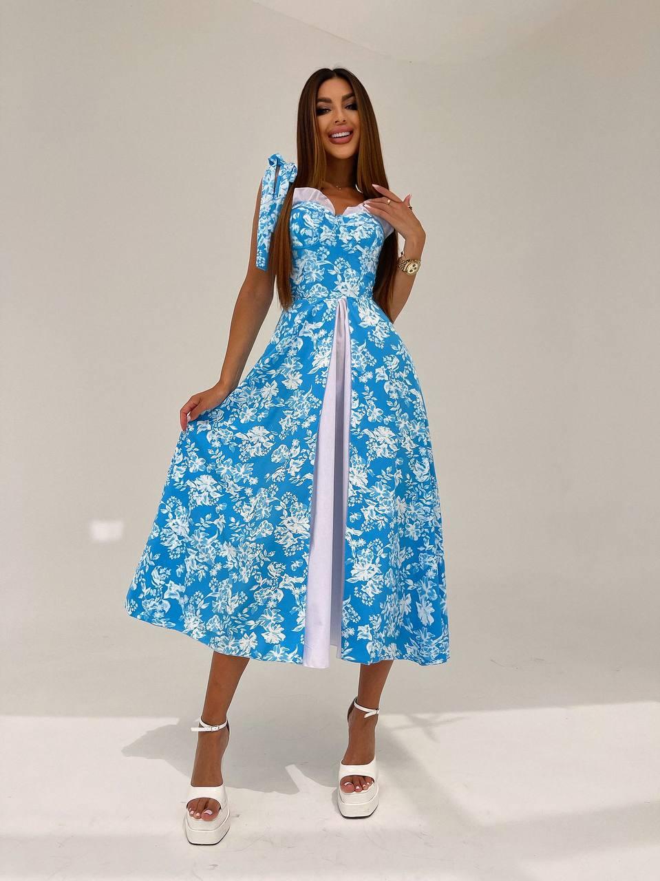 Літня квіткова жіноча сукня міді з чашками Smb9132