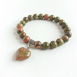 Браслет з Яшми Унакіт з підвіскою серце d 8мм