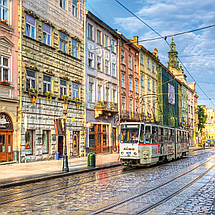 Плакат "Львів, Площа Ринок, трамвай біля Ратуші, Lviv", 40×60см, фото 2