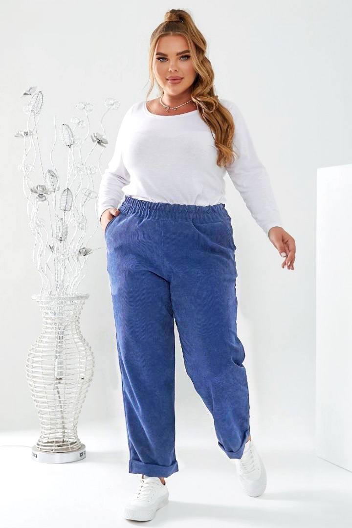 Жіночі вельветові штани, вільного крою у великих розмірів, стильні штани, на резинці, блакитні, 52-54 р., фото 1