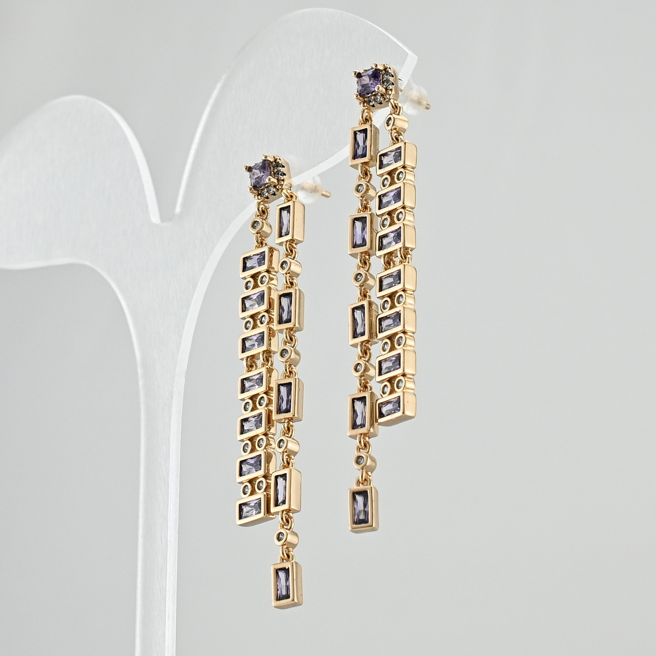 Сережки підвіски Ребека 43246 розмір 58х9 мм фіолетові фіаніти вага 8.5 г позолота 18К, фото 1