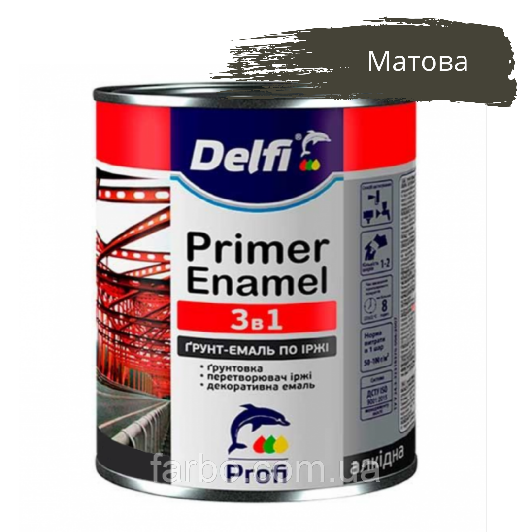 Ґрунт-емаль для металу по іржі 3 в 1 Delfi хакі МАТОВА 2.8кг містить Захист від корозії Адгезійний ґрунт Декоративну емаль, фото 1