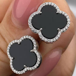 Срібні сережки родовані з каменем чорним і фіанітами в формі конюшини (1,6 см) РН-630