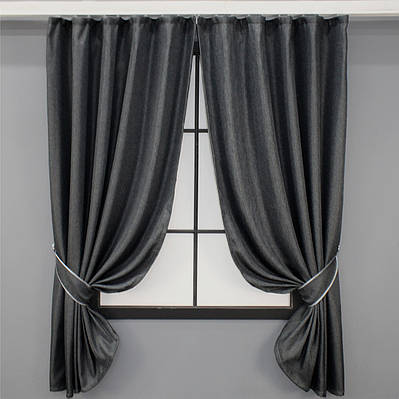 Комплект (2шт. 1,3х1,7м.) коротких штор, льон-блекаут "Льон Мішковина". Колір графітовий. Код 1161ш 35-0100