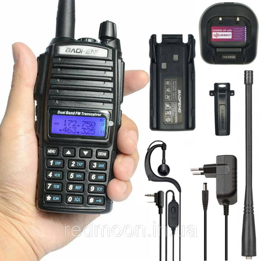 Рація Baofeng UV-82 до 15км (8W, 2000 мАч) + Гарнітура / Портативна радіостанція / Рація для полювання та риболовлі, фото 1