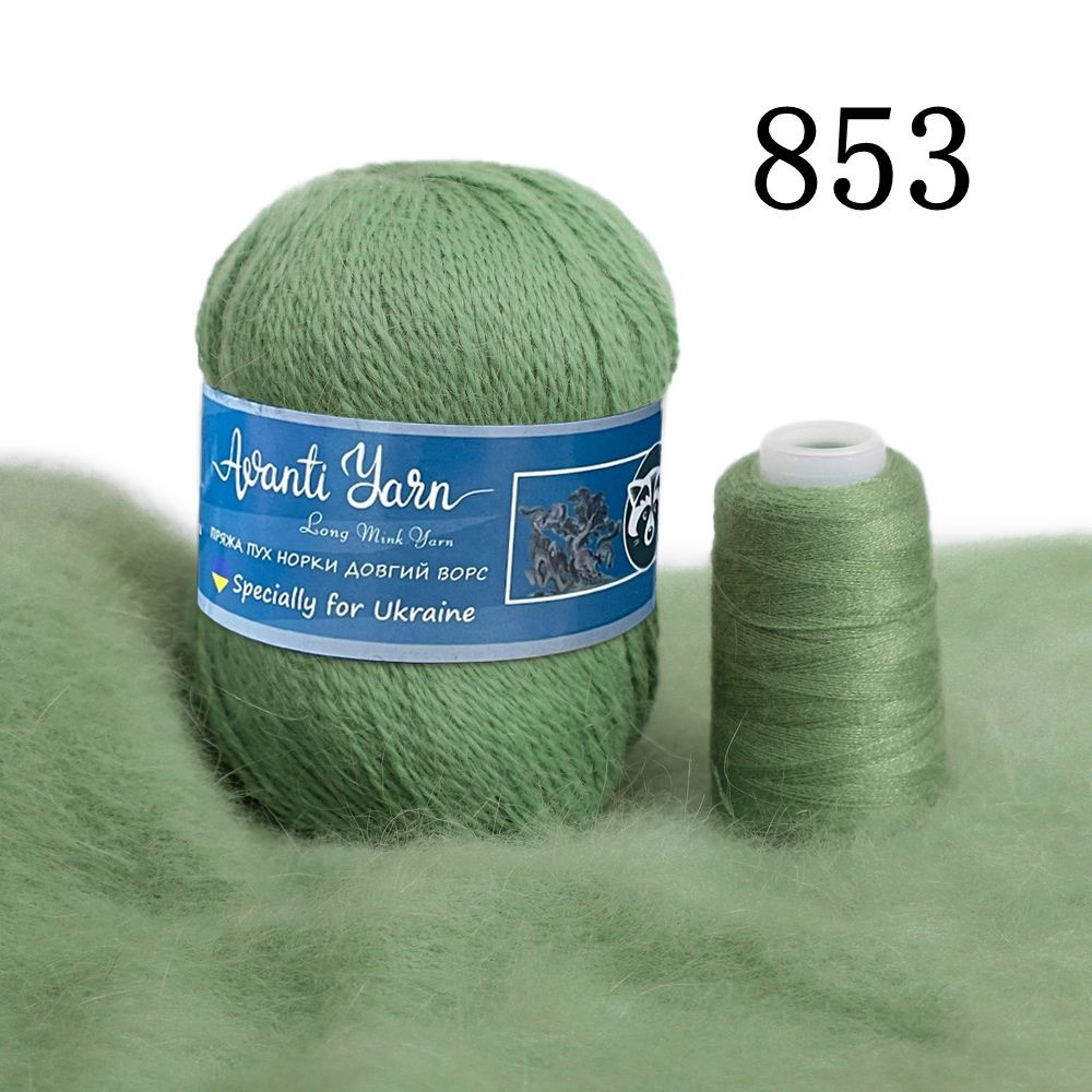 Пряжа Пух норки з синьою етикеткою № 853 пильний зелений, фото 1