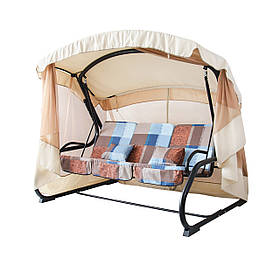 Садовая качеля Семейная с тентом москитной сеткой раскладным сидением в клеточку