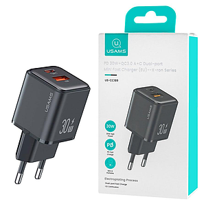 Мініатюрний і потужний зарядний пристрій Usams US-CC189 X-ron 1xUSB-A 1xType-C QC3.0/PD30W (CC189TC01) Black