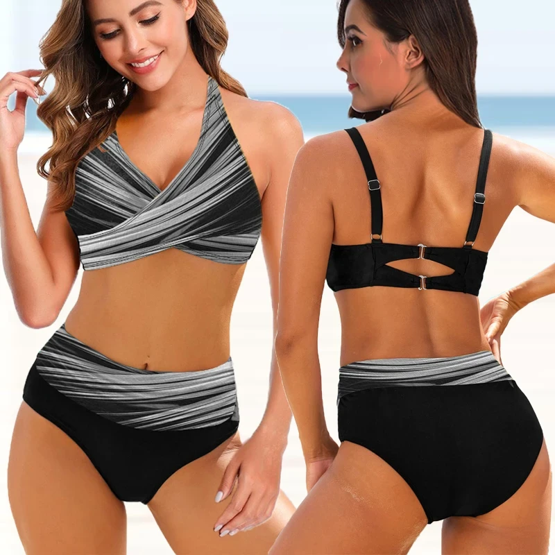 Жіночі купальники роздільна з високою талією сірого кольору.