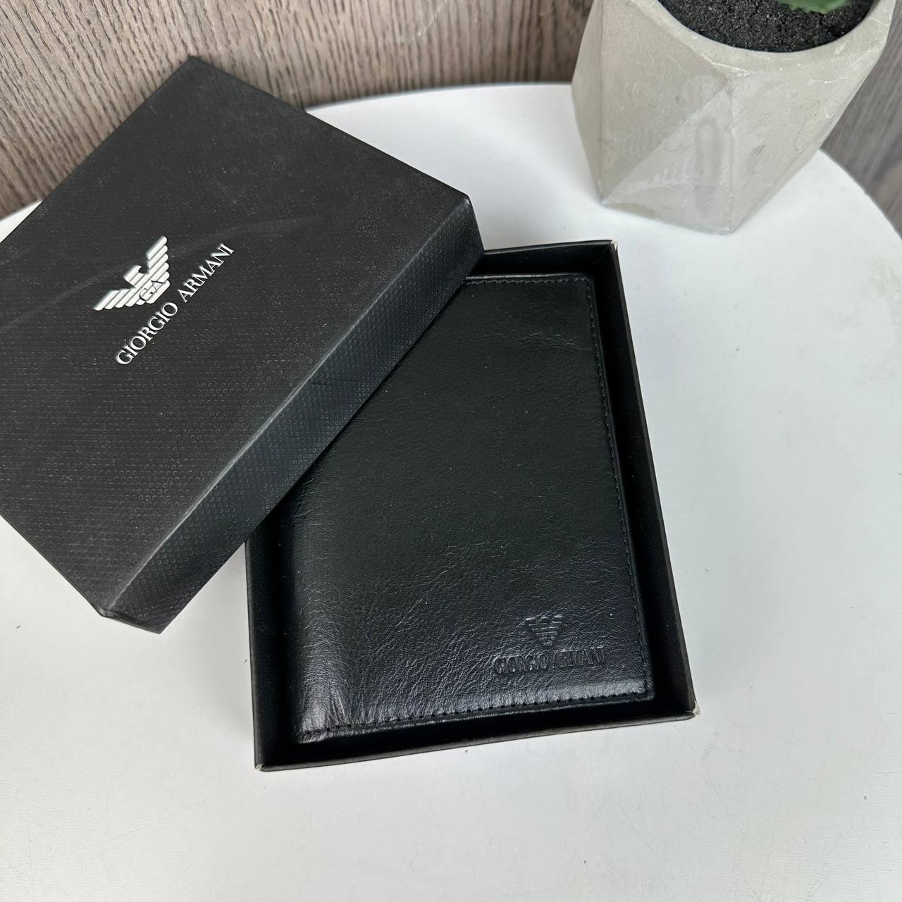 Чоловічий шкіряний гаманець портмоне стиль Армані чорний у коробці Armani, фото 1