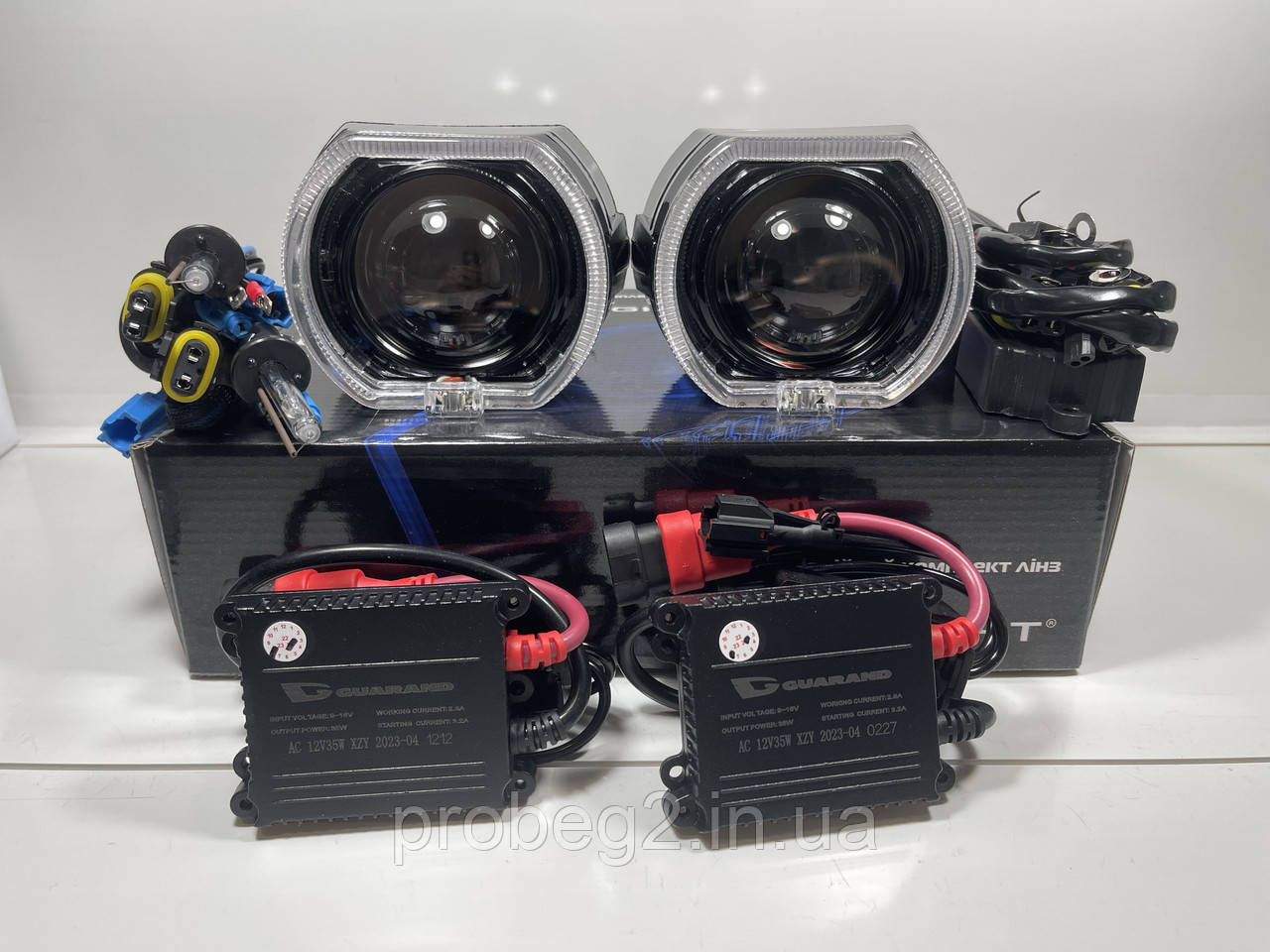 Бі лінзи Infolight 2.5 12v з чорними масками ангельськими очками та ксенон 5000 k, фото 1