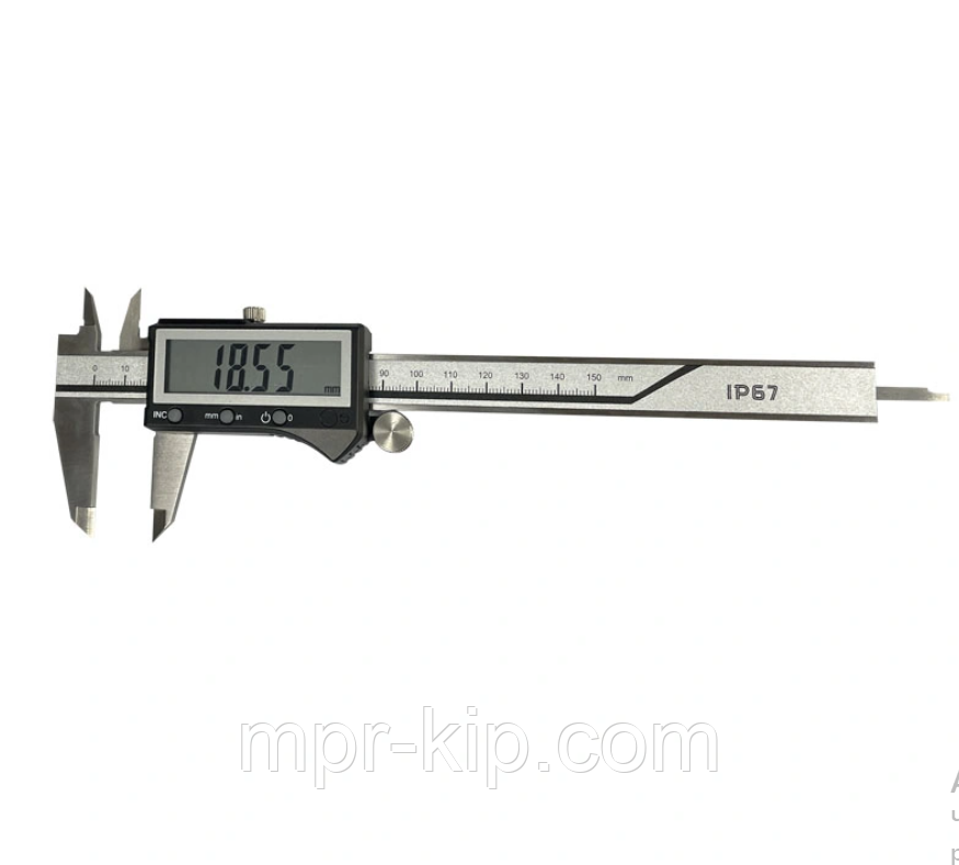 Штангенциркуль цифровий KM-DSKA-150 з бігунком, 0-150/0,01 мм; ±0.02 мм, IP67, металевий корпус