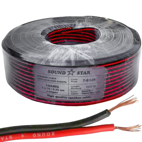 Кабель живлення 2 жили 16х0.2мм 0.50мм², CU мідь 18AWG, червоно-чорний, 100м, Sound Star
