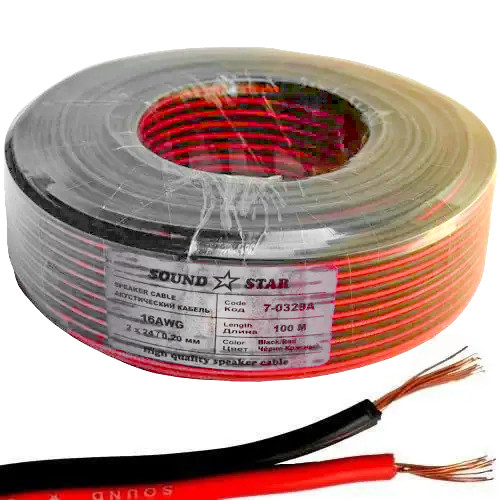 Кабель живлення 2 жили 24х0.2мм 0.75мм², CCA 16AWG, червоно-чорний, 100м, Sound Star