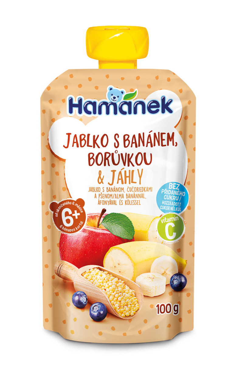 Пюре Hamanek Яблуко, банан, чорниця та пшоно від 6 місяців, пауч 100г. (Хаме)