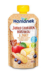 Пюре Hamanek Яблуко, банан, чорниця та пшоно від 6 місяців, пауч 100г. (Хаме)