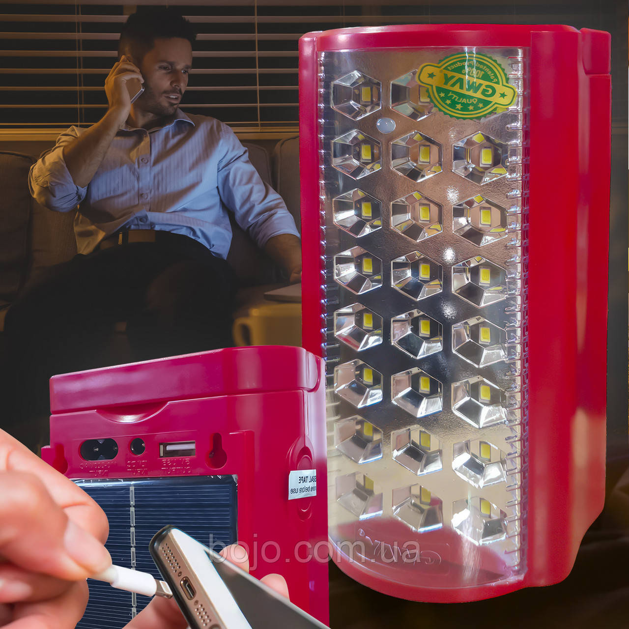 Автономний акумуляторний світлодіодний ліхтар GWAY GLS240S 24 LED для кемпінгу з функцією повербанка і сонячною панеллю Червоний