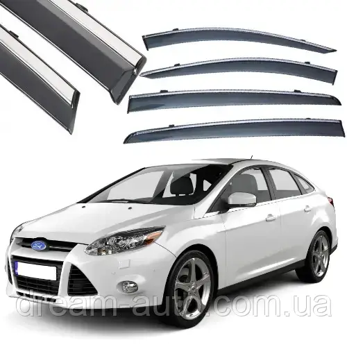 Дефлектори вікон Ford Focus Sedan / Hb 2011-2018 з хром молдингом