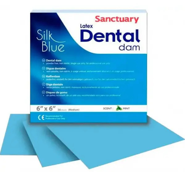Кофердам (Dental Dam) латексний, блакитний шовк (Silk Blue) з ароматом м'яти, (152мм х 152мм) 36шт