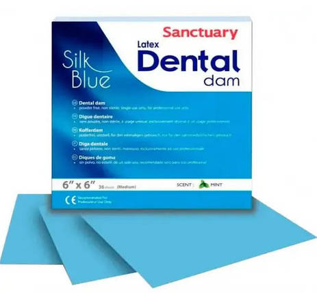 Кофердам (Dental Dam) латексний, блакитний шовк (Silk Blue) з ароматом м'яти, (152мм х 152мм) 36шт, фото 1