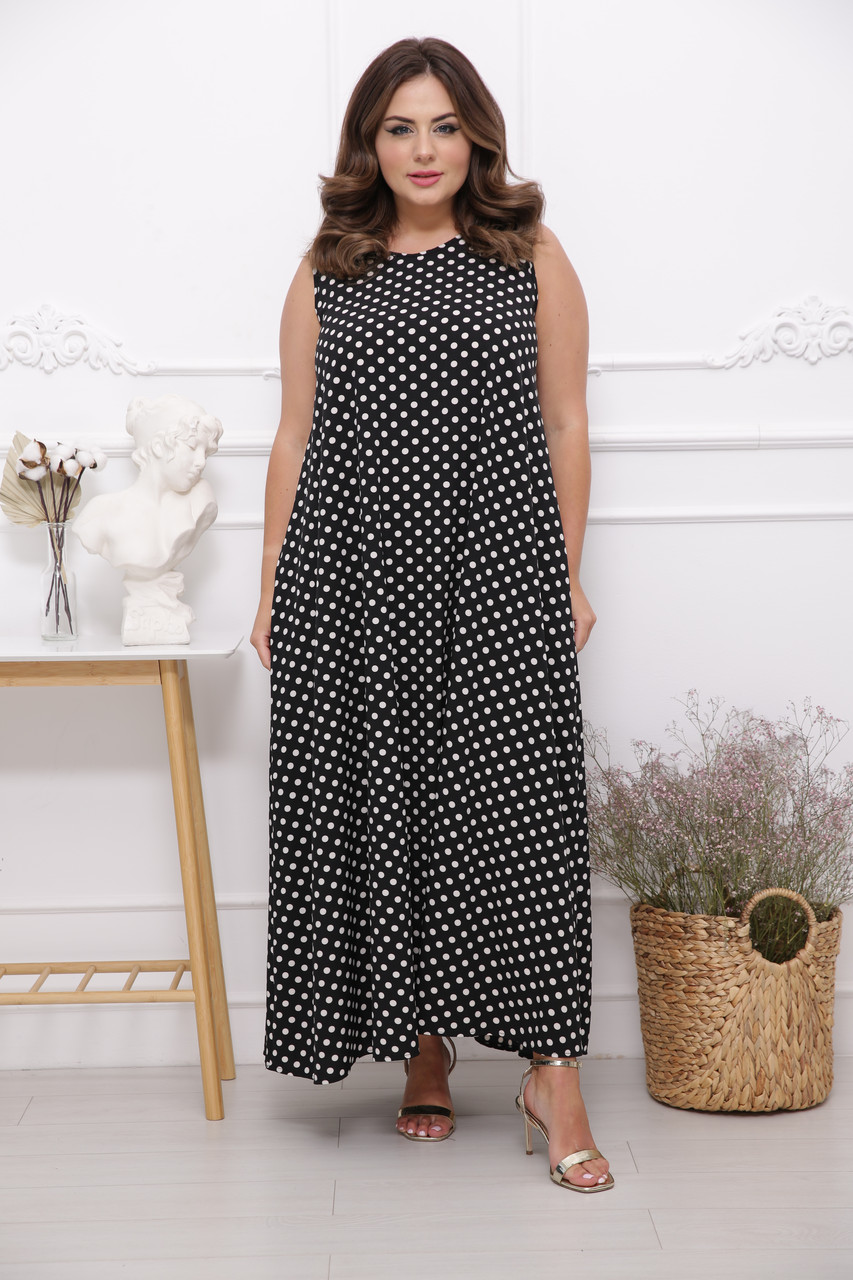 Довгий сарафан Комільфо розмір плюс чорний  в горох (52-62), фото 1