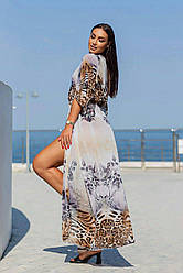 Повітряна довга пляжна накидка-туніка шифонова із трендовими принтами