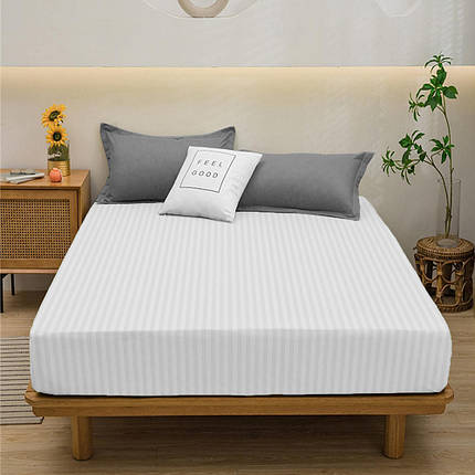 М'яке натяжне простирадло бязь на гумці на односпальне ліжко (90*200*25) біле в смужку, бавовняна, фото 1