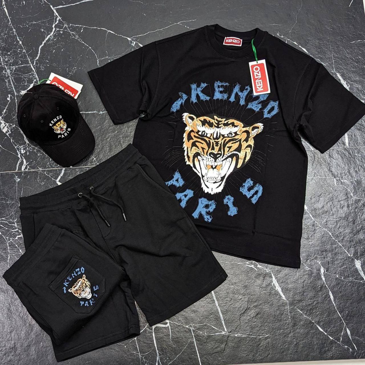 Чоловічий літній костюм шорти + футболка Kenzo CK8123 чорний, фото 1