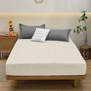 Натяжне захисне простирадло-чохол бязь на гумці (140*200*25) двоспальне бавовняне однотонне кремове в смужку, фото 1