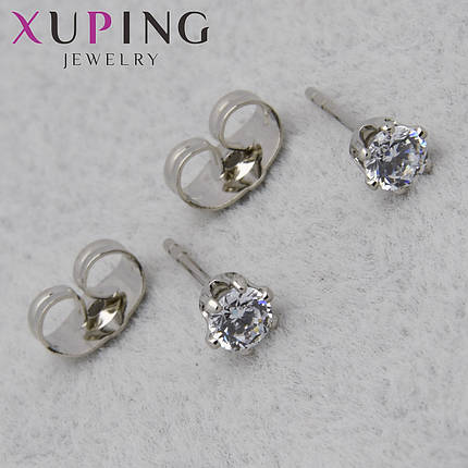 Серёжки гвоздик застежка сребристого цвета Xuping Jewelry покрыты родием с белыми кристаллам в лапках 4х4 мм, фото 1
