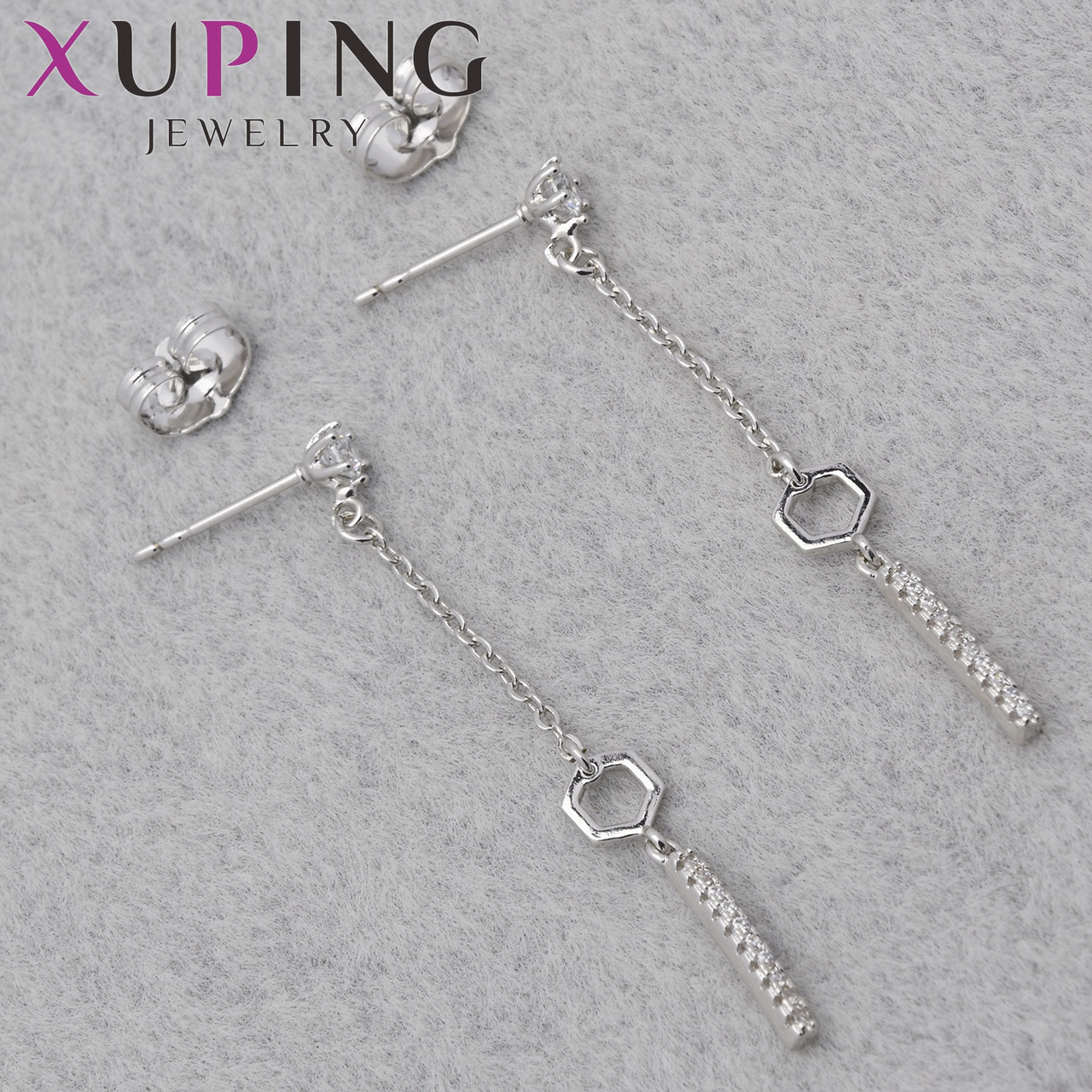 Серёжки гвоздик застежка сребристого цвета Xuping Jewelry покрыты родием висюльки с стразами в лапках 45х3 мм