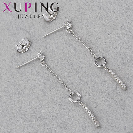 Серёжки гвоздик застежка сребристого цвета Xuping Jewelry покрыты родием висюльки с стразами в лапках 45х3 мм, фото 1