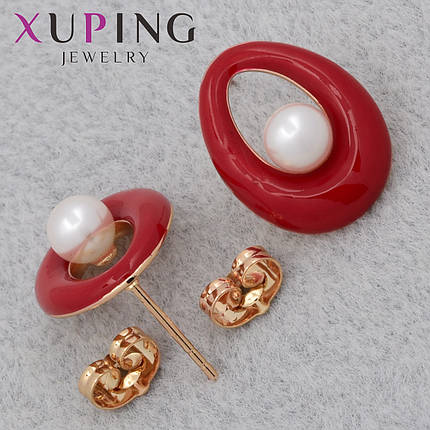 Серёжки женские позолота 18K Xuping Jewelry застёжка гвоздик покрыта эмалью с жемчужинами стразами 20х15 мм, фото 1