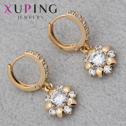 Серёжки женские позолота 18K Xuping Jewelry кольцо конго с белыми камушками цветочки диаметр колечка 12 мм, фото 1