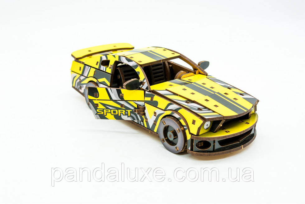 Дерев'яний 3D конструктор авто Muscle car GT жовта, модель 162 деталей, фото 1