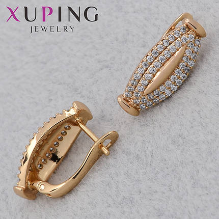 Серёжки женские позолота золотистого цвета 18K Xuping Jewelry английская застёжка с белыми камушками 17х7 мм, фото 1