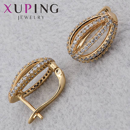 Серёжки женские позолота золотистого цвета 18K Xuping Jewelry английская застёжка с белыми стразами 15х10 мм, фото 1